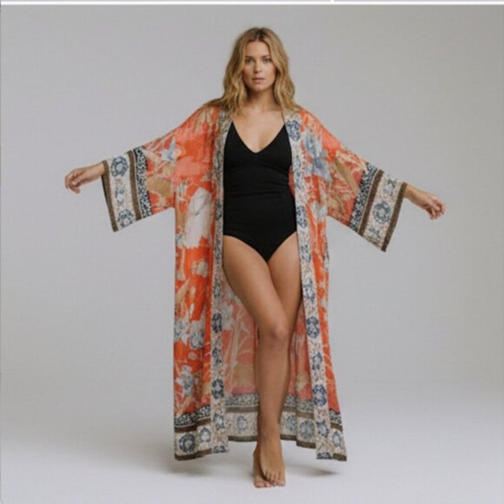 Coral Bloom Boho Kimono Cover-Up